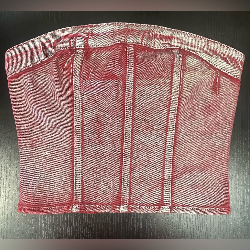 PrettyLittleThing Cherry Red Silver Metallic Foil Effect
Denim Corset Top Size 8